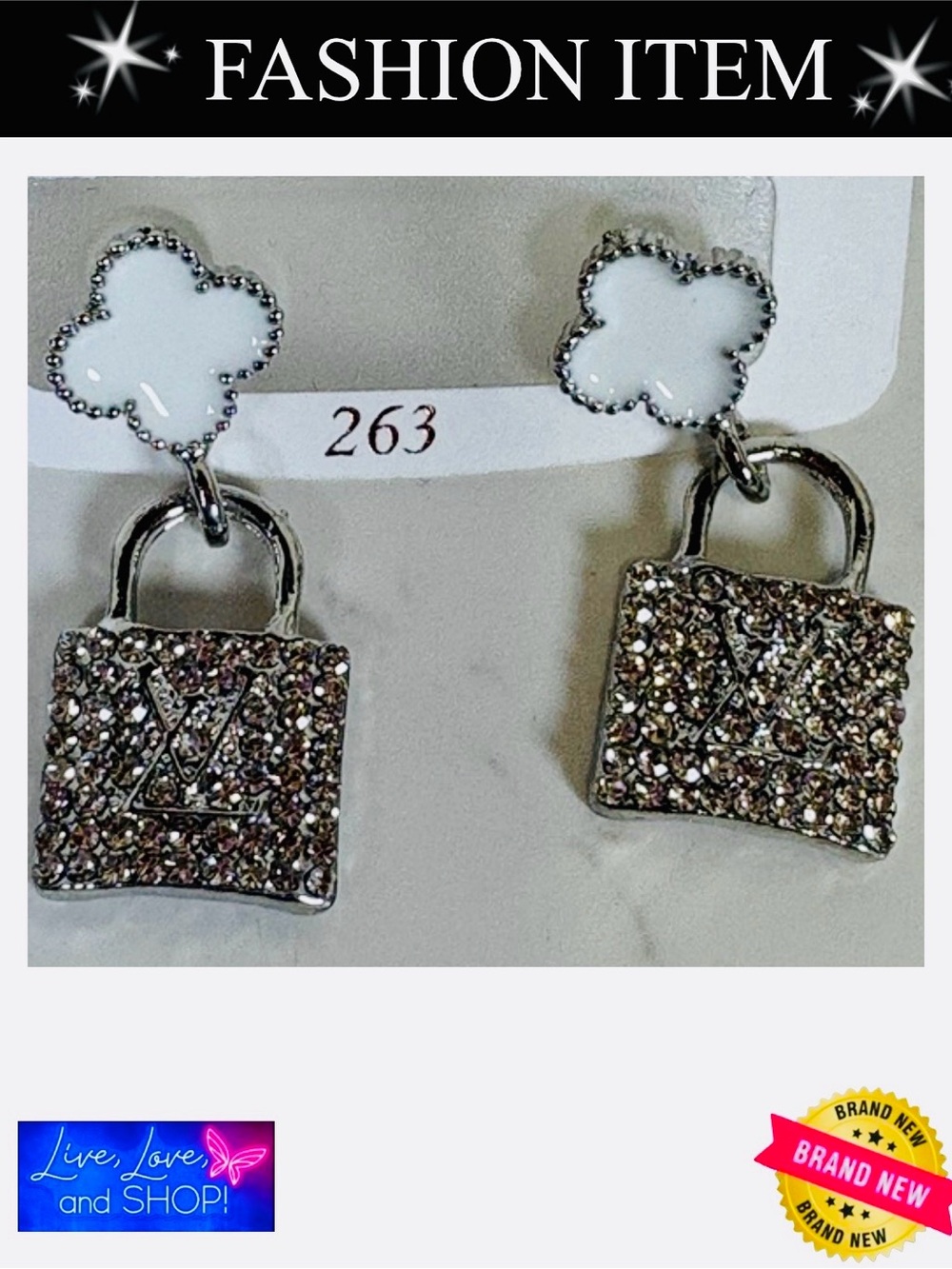 A-1DC-38: EARRINGS: White w/Silver Lettering & Rhinestones, NWOT